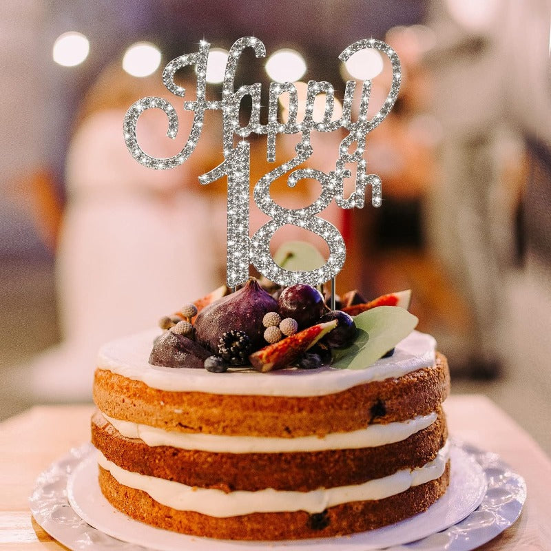 Happy 18th Birthday Cake Topper with Sparkly Silver Rhinestone